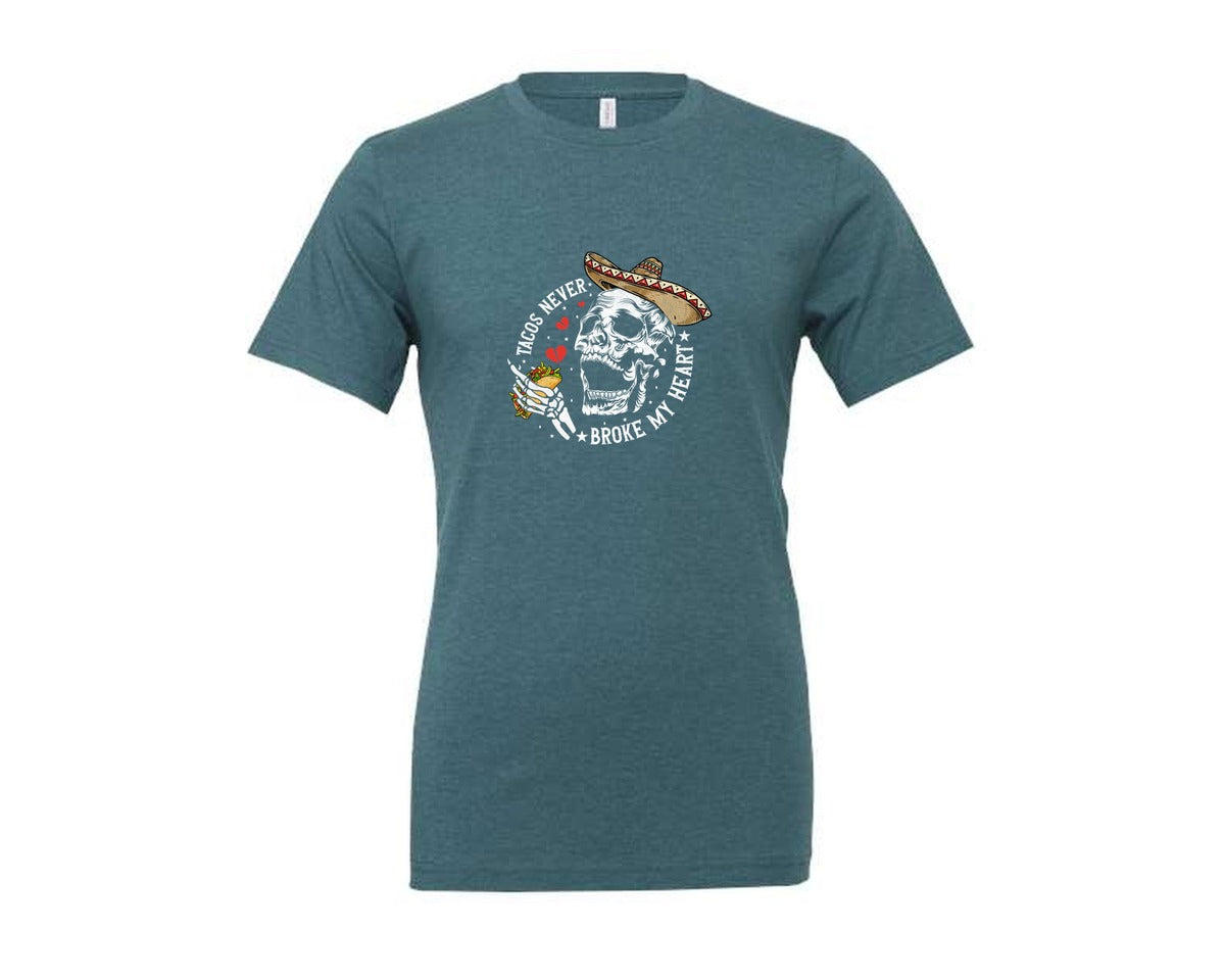 brand:Generic|color:Heather Deep Teal|Tacos Never Broke My Heart Skeleton Graphic T-Shirt