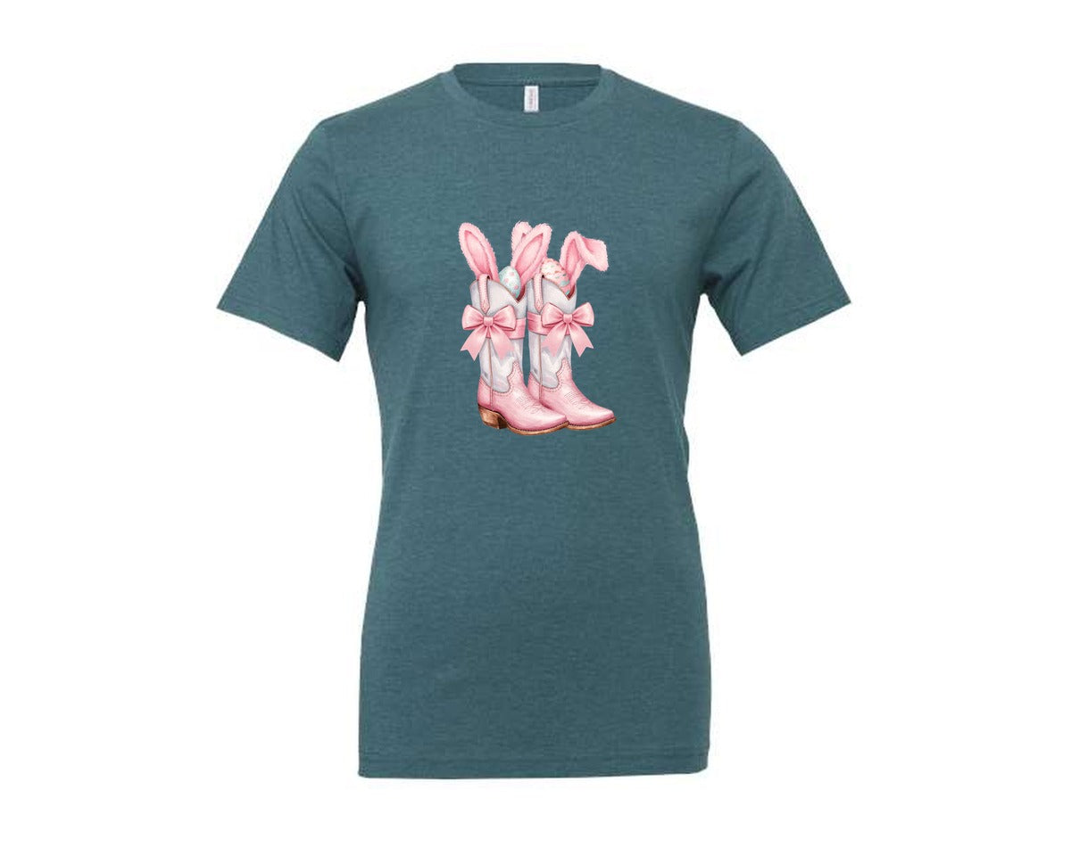 brand:Generic|color:Heather Deep Teal|Howdy Western Easter Bunny Cowboy Boots Graphic T-Shirt