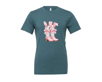 brand:Generic|color:Heather Deep Teal|Howdy Western Easter Bunny Cowboy Boots Graphic T-Shirt