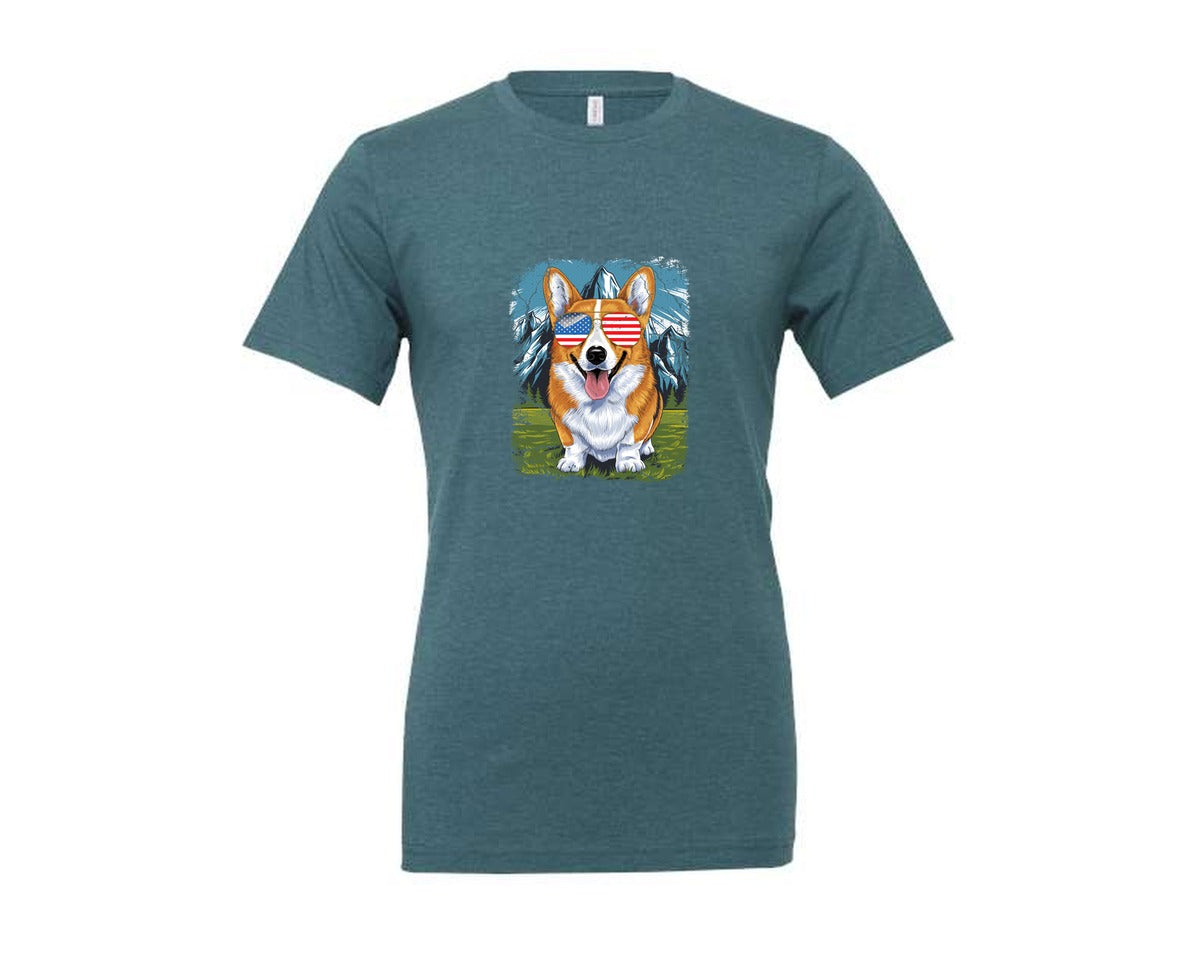 brand:Generic|color:Heather Deep Teal|Corgi American Flag 4Th Of July Graphic T-Shirt