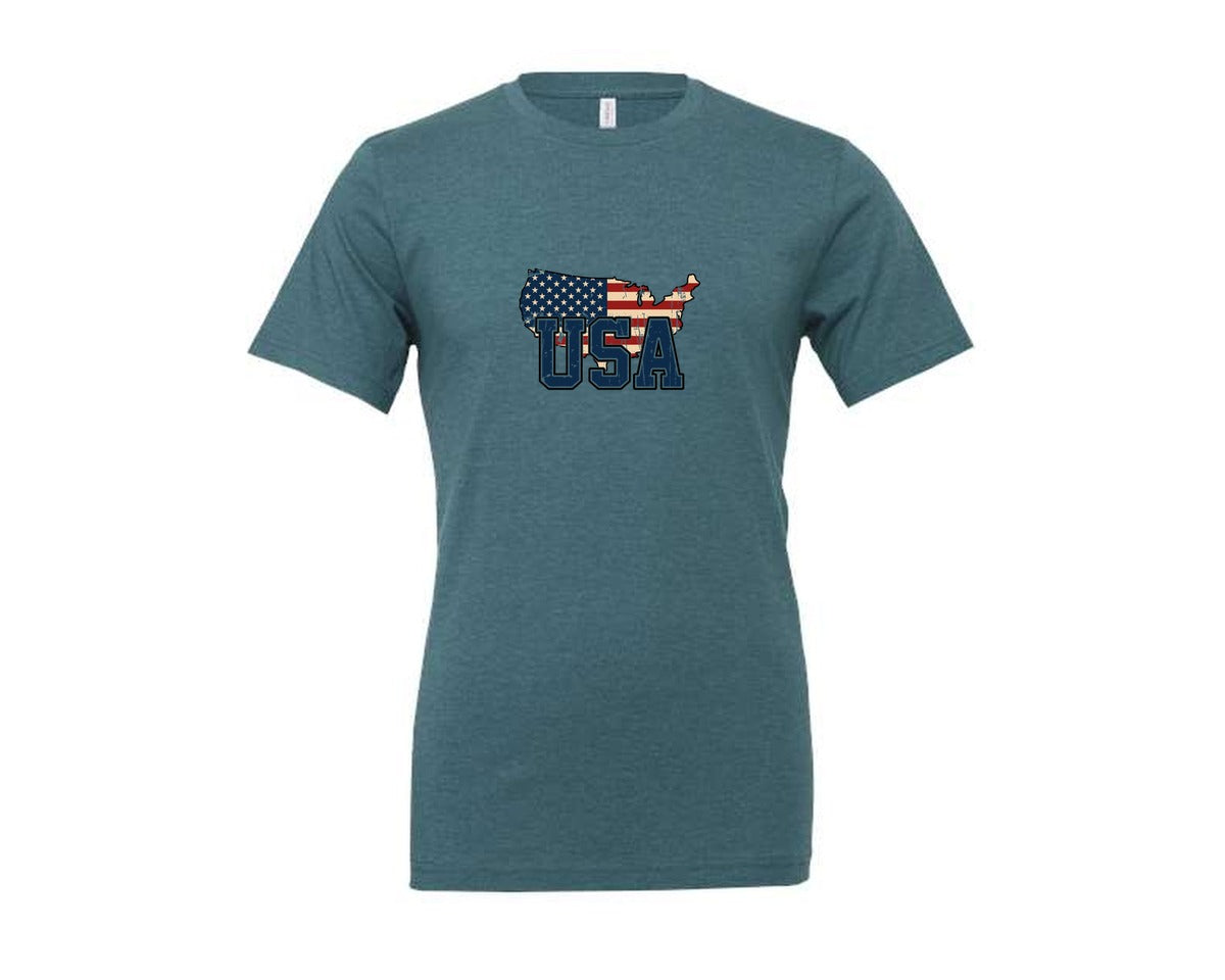 brand:Generic|color:Heather Deep Teal|America Usa Map 4Th Of July Patriotic Graphic T-Shirt