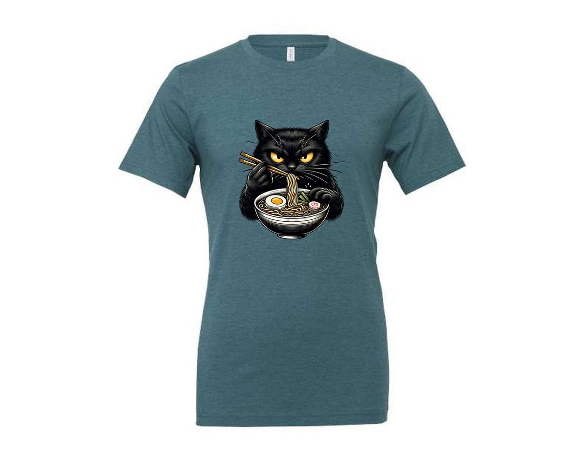 brand:Generic|color:Heather Deep Teal|Cute Black Cat Eating Ramen Noodle 3 Graphic T-Shirt