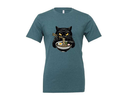 brand:Generic|color:Heather Deep Teal|Cute Black Cat Eating Ramen Noodle 3 Graphic T-Shirt