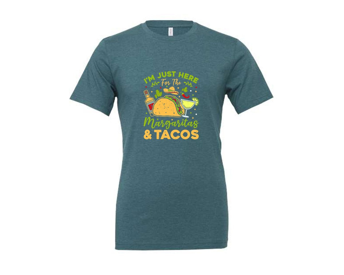 brand:Generic|color:Heather Deep Teal|Just Here For The Margaritas And Tacos Graphic T-Shirt