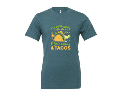 brand:Generic|color:Heather Deep Teal|Just Here For The Margaritas And Tacos Graphic T-Shirt