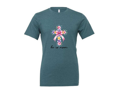 brand:Generic|color:Heather Deep Teal|Watercolor Cross Easter Bible Verse Graphic T-Shirt