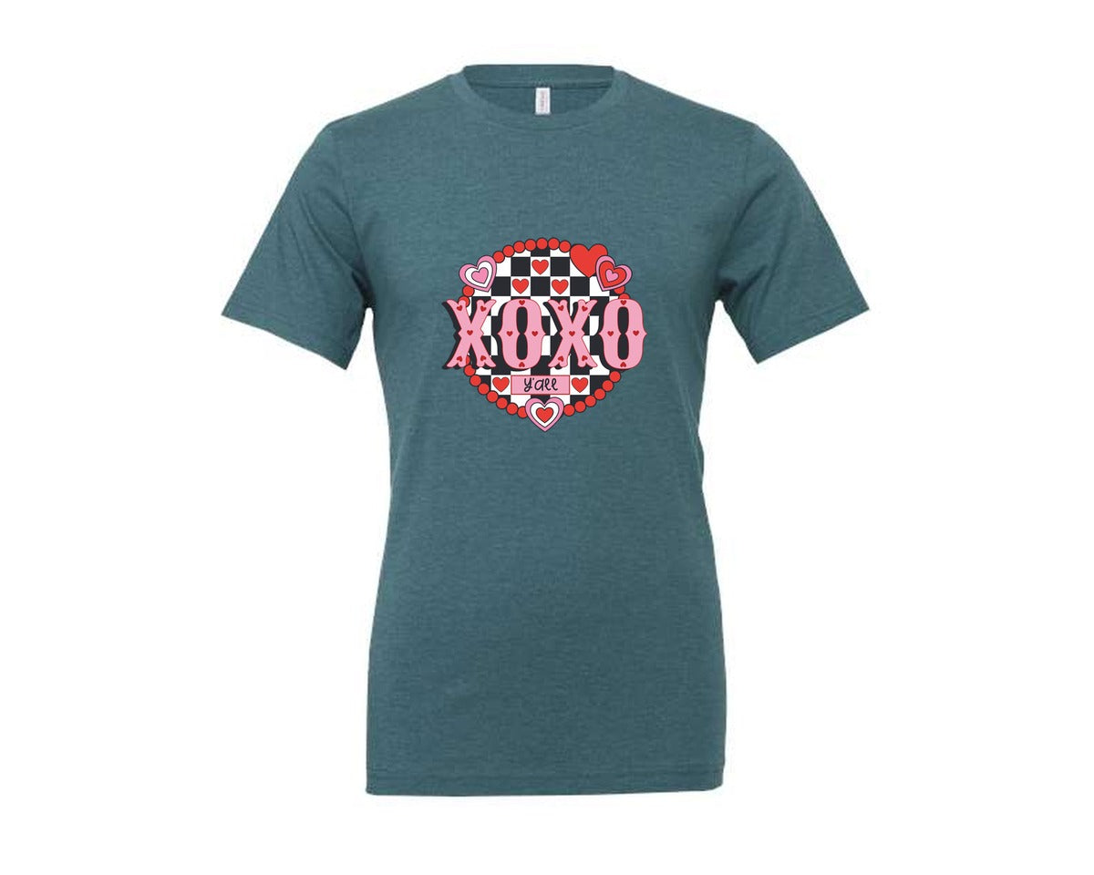 brand:Generic|color:Heather Deep Teal|Valentine Love Xo Checker Heart Graphic T-Shirt