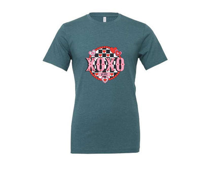 brand:Generic|color:Heather Deep Teal|Valentine Love Xo Checker Heart Graphic T-Shirt