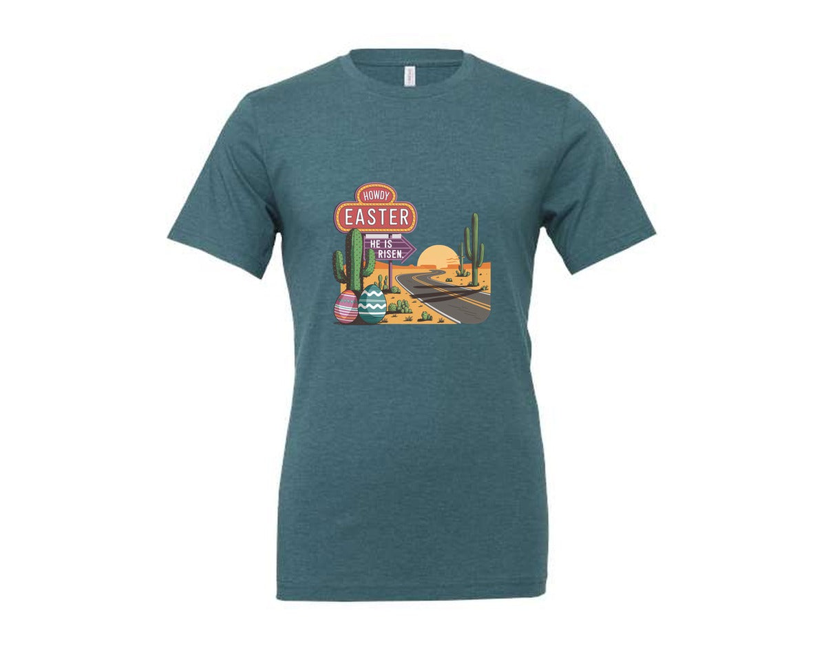 brand:Generic|color:Heather Deep Teal|Howdy Easter Western Desert Easter 3 Graphic T-Shirt