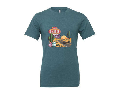 brand:Generic|color:Heather Deep Teal|Howdy Easter Western Desert Easter 3 Graphic T-Shirt