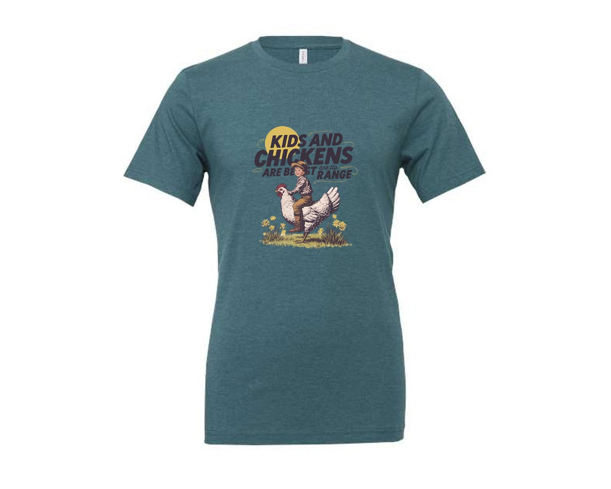 brand:Generic|color:Heather Deep Teal|Kids And Chickens Vintage Farm Graphic T-Shirt