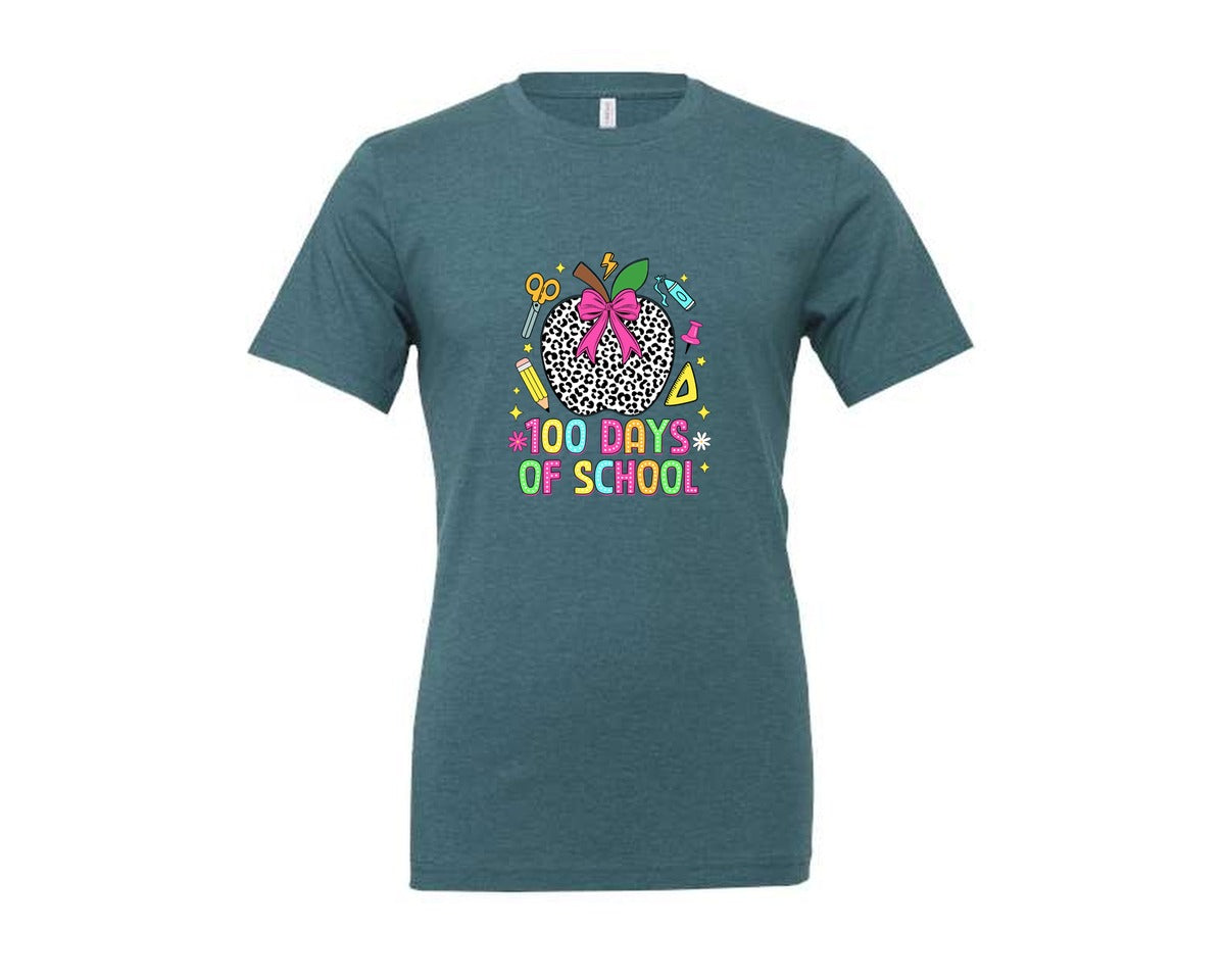 brand:Generic|color:Heather Deep Teal|Coquette 100 Days Of School Graphic T-Shirt