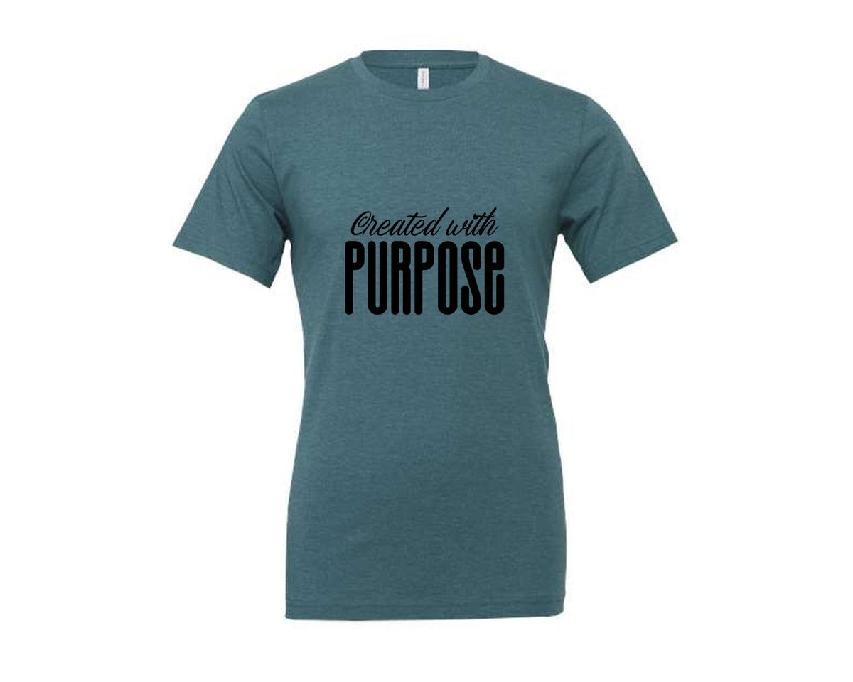 brand:Generic|color:Heather Deep Teal|Created With Purpose Sleeve Design Graphic T-Shirt