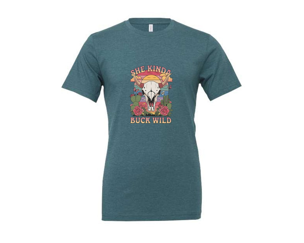 brand:Generic|color:Heather Deep Teal|She Kinda Buck Wild Western Aesthetic 3 Graphic T-Shirt
