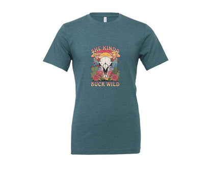 brand:Generic|color:Heather Deep Teal|She Kinda Buck Wild Western Aesthetic 3 Graphic T-Shirt