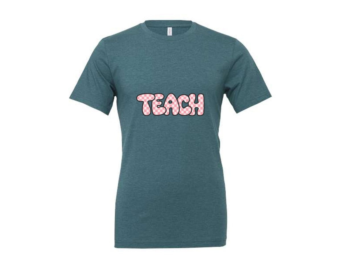 brand:Generic|color:Heather Deep Teal|Retro Pink Checkered Teach Graphic T-Shirt
