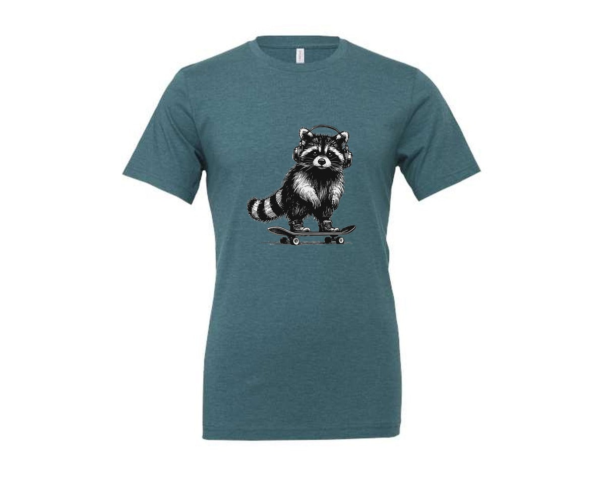 brand:Generic|color:Heather Deep Teal|Raccoon Playing Skateboard Shirt Graphic T-Shirt
