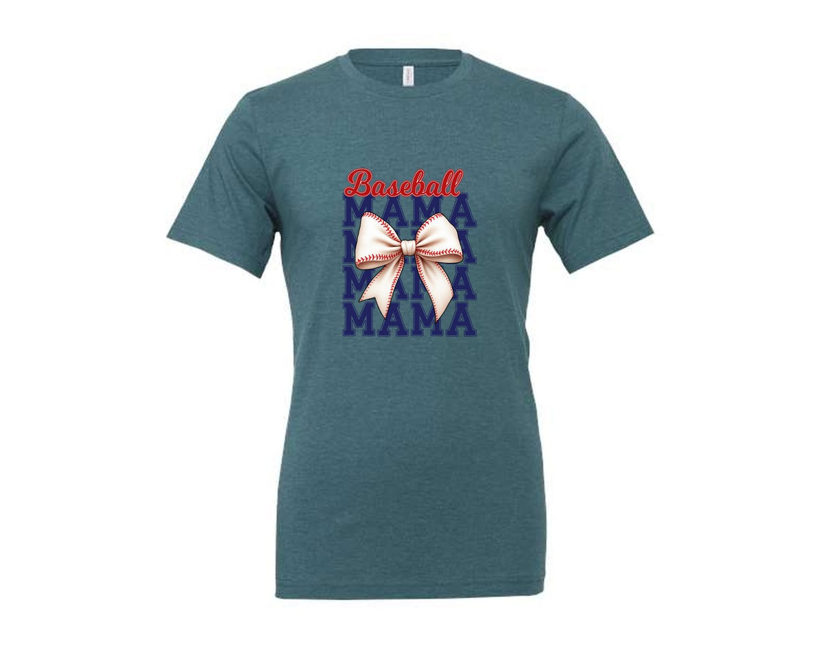 brand:Generic|color:Heather Deep Teal|Baseball Mama Mom Coquette Bow Game Graphic T-Shirt