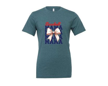 brand:Generic|color:Heather Deep Teal|Baseball Mama Mom Coquette Bow Game Graphic T-Shirt