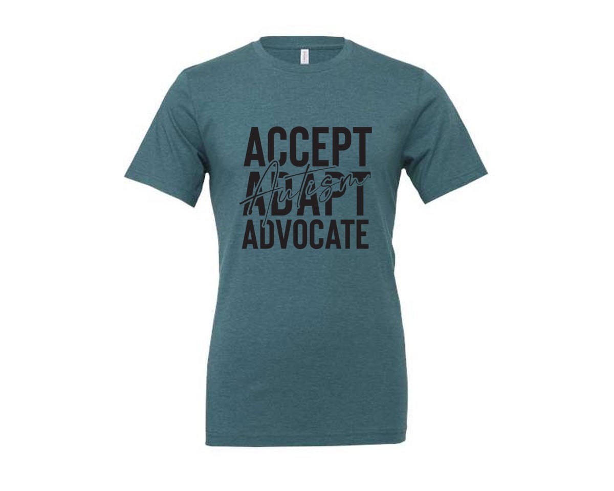 brand:Generic|color:Heather Deep Teal|Accept Adapt Advocate Autism Graphic T-Shirt