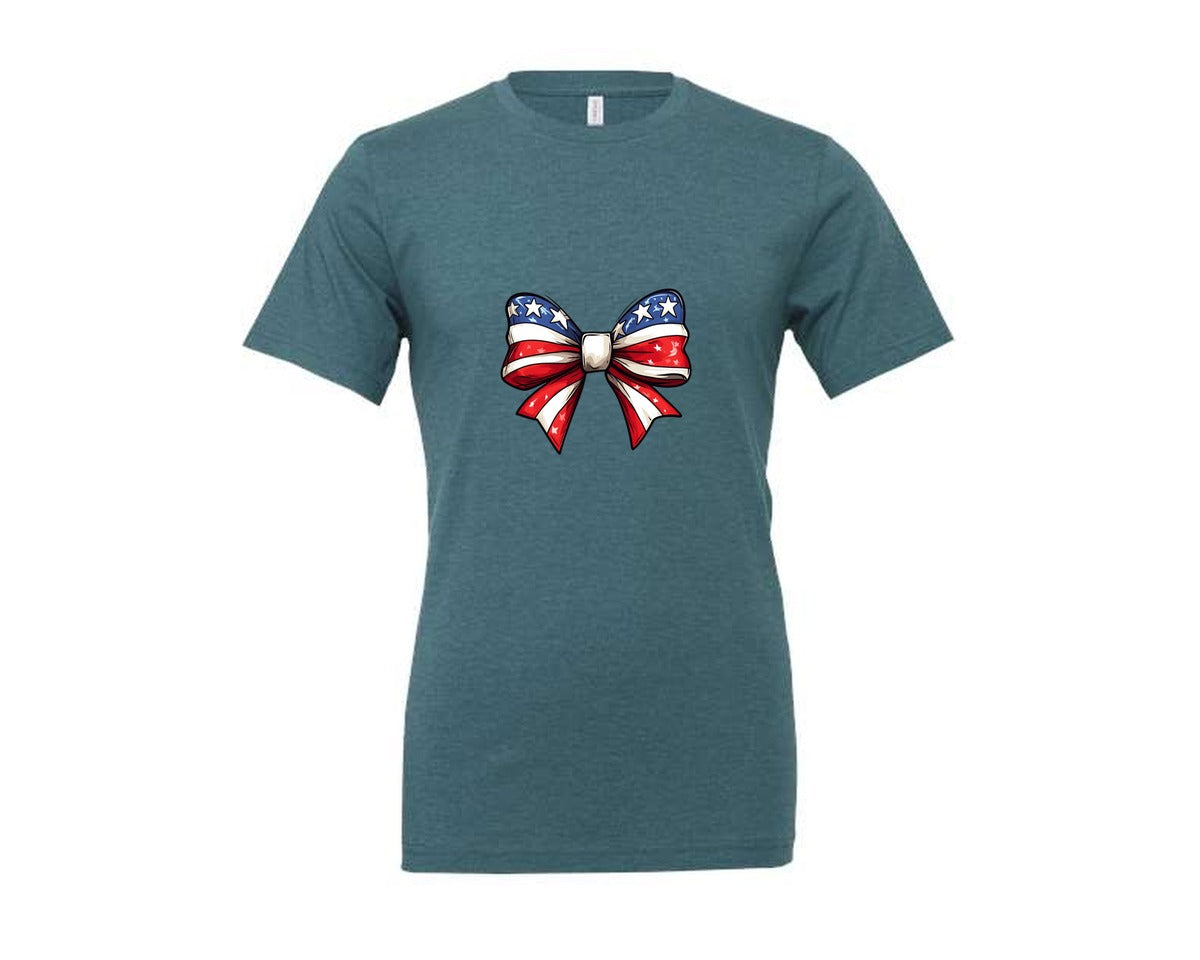 brand:Generic|color:Heather Deep Teal|Coquette Bow 4Th July American Flag 6 Graphic T-Shirt