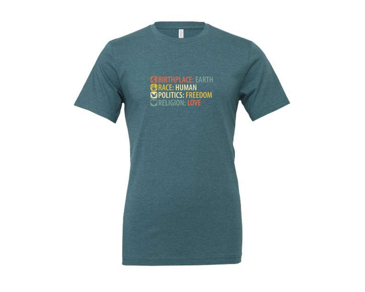 brand:Generic|color:Heather Deep Teal|Birthplace Earth Race Human Politics Fre Graphic T-Shirt