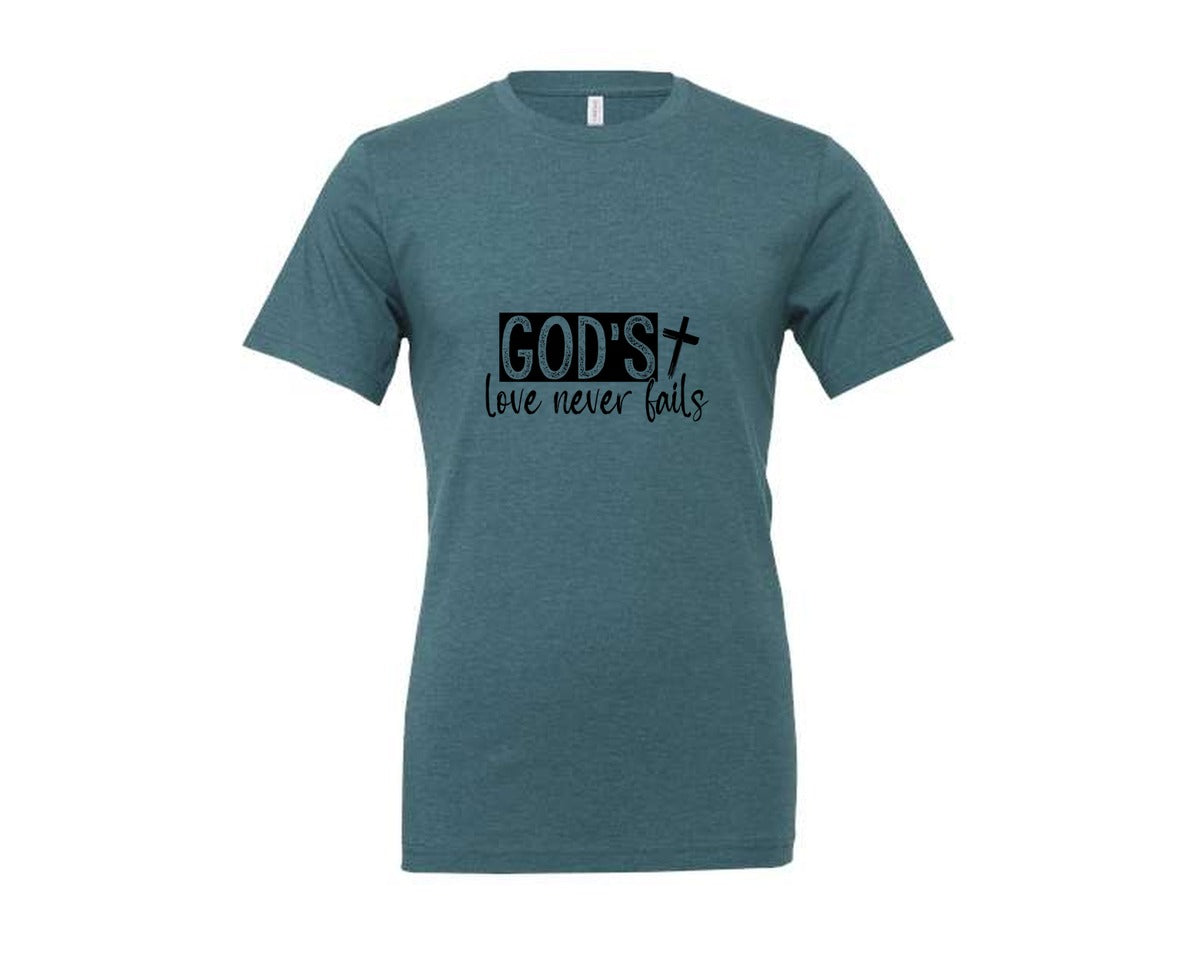 brand:Generic|color:Heather Deep Teal|Gods Love Never Fails Sleeve Design 2 Graphic T-Shirt