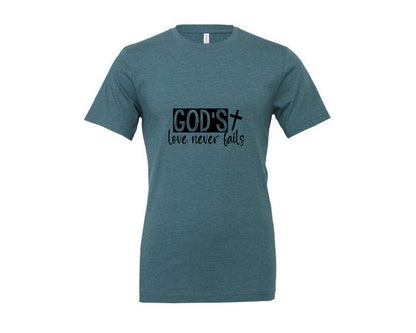 brand:Generic|color:Heather Deep Teal|Gods Love Never Fails Sleeve Design 2 Graphic T-Shirt