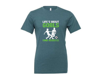 brand:Generic|color:Heather Deep Teal|Lifes About Goals Soccer T Shirt Graphic T-Shirt