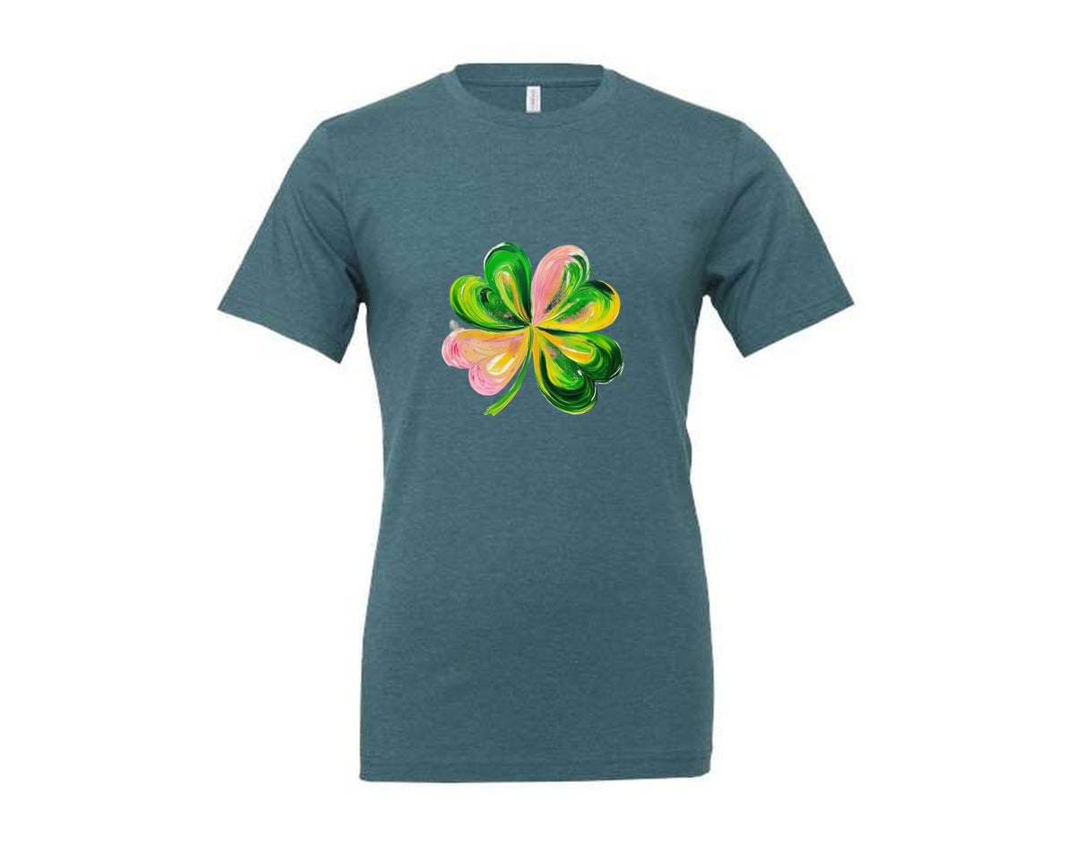 brand:Generic|color:Heather Deep Teal|Brushstroke Shamrock Graphic T-Shirt
