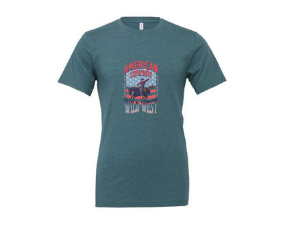 brand:Generic|color:Heather Deep Teal|American Cowboy Wild West Vintage Graphic T-Shirt