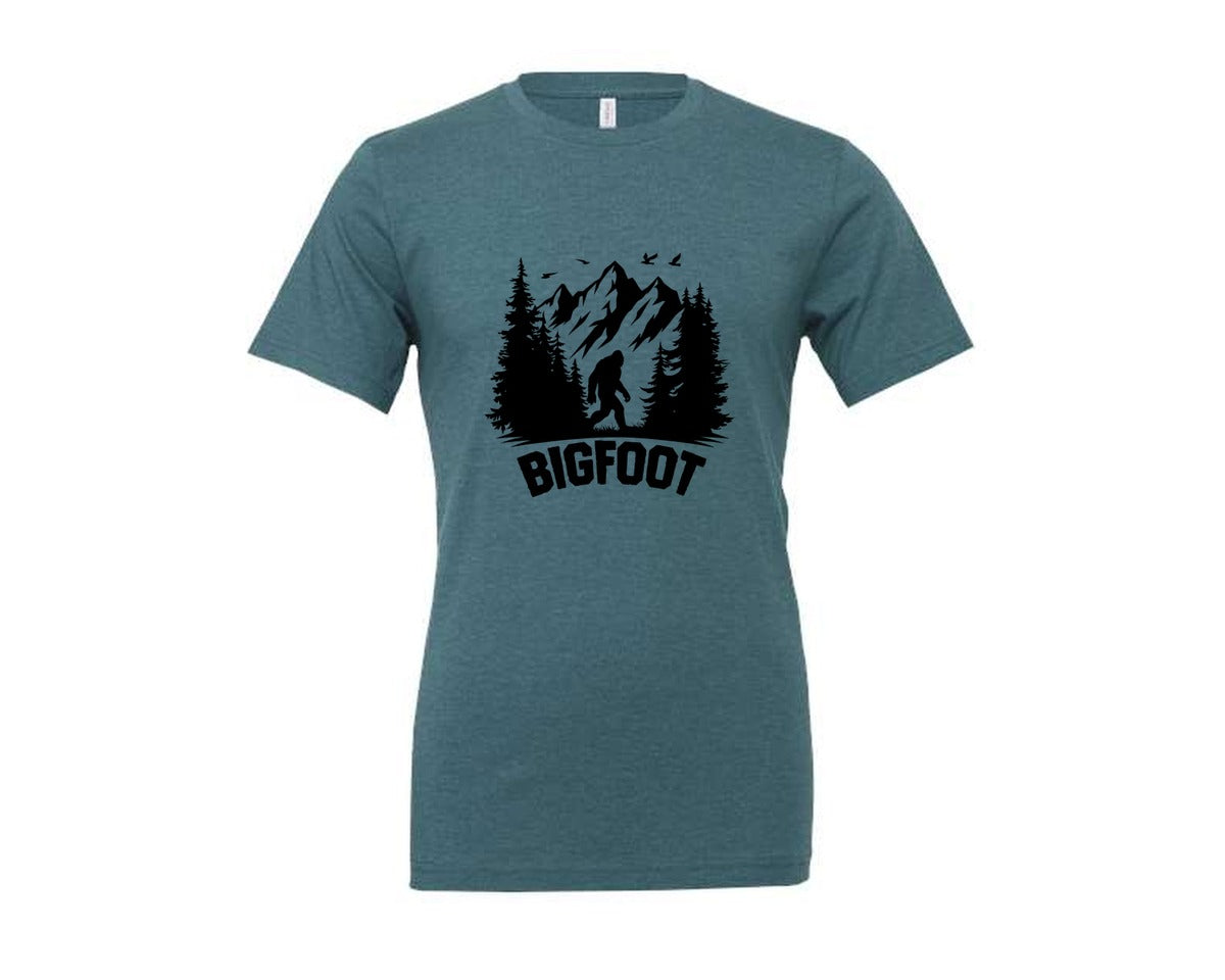brand:Generic|color:Heather Deep Teal|Retro Bigfoot Silhouette Pixel Art Graphic T-Shirt