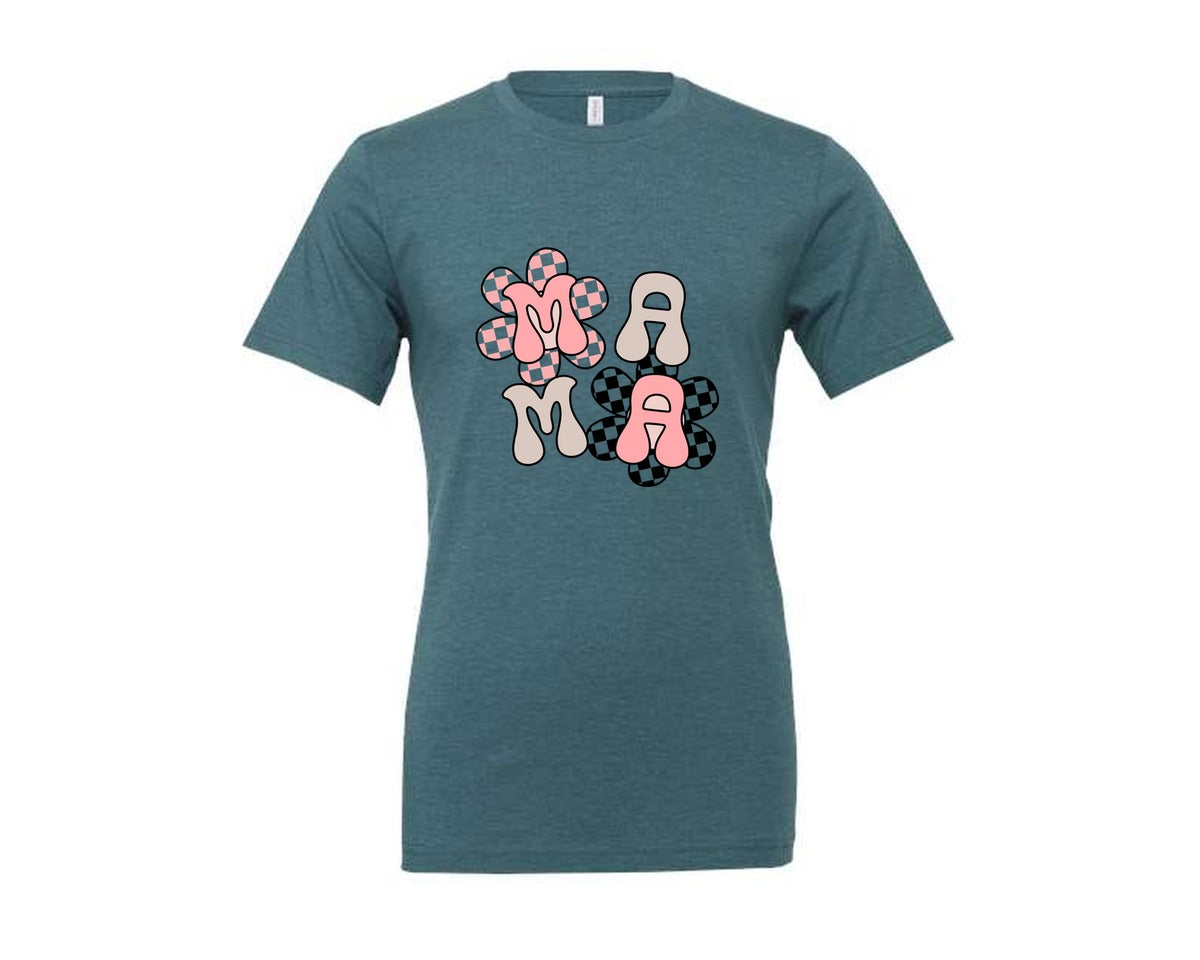 brand:Generic|color:Heather Deep Teal|Checker Mama Checkered Mom Graphic T-Shirt