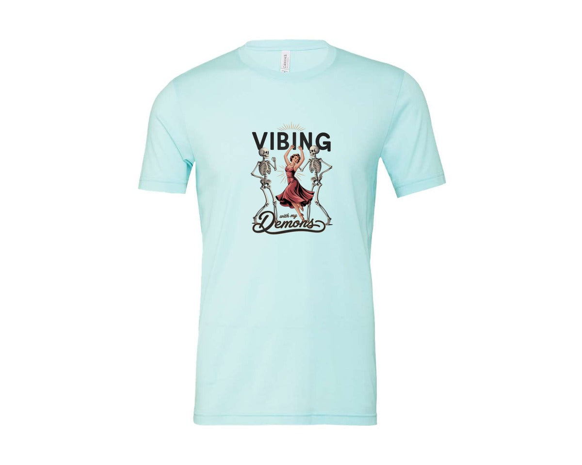 brand:Bella Canvas|color:Heather Ice Blue|Vibing With My Demons Retro Gothic 2 Graphic T-Shirt