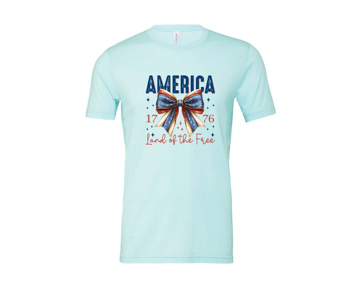 brand:Bella Canvas|color:Heather Ice Blue|America Bow Land Of The Free Graphic T-Shirt