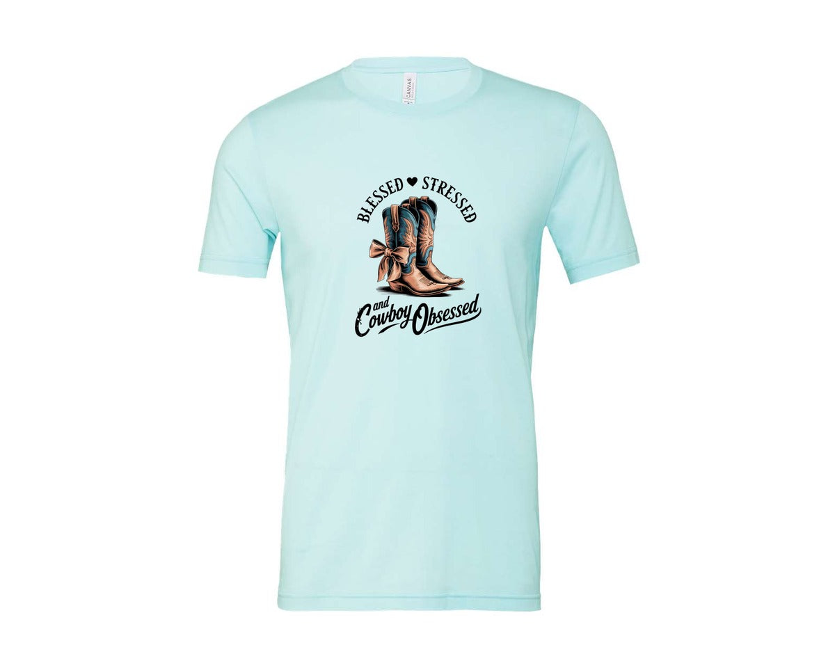 brand:Bella Canvas|color:Heather Ice Blue|Blessed Stressed Mom Western Mothers Day 3 Graphic T-Shirt