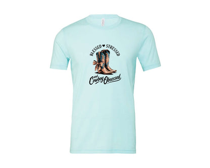 brand:Bella Canvas|color:Heather Ice Blue|Blessed Stressed Mom Western Mothers Day 3 Graphic T-Shirt