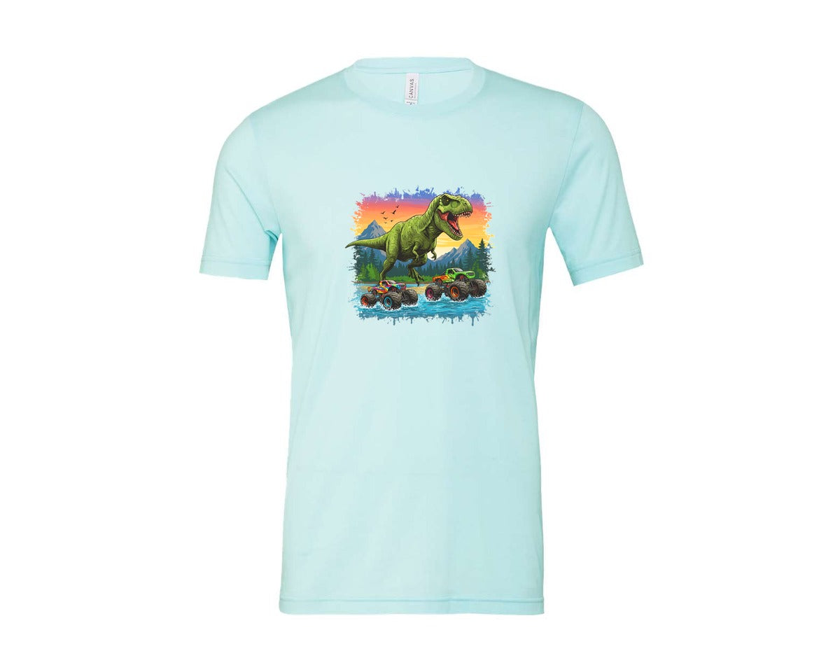 brand:Bella Canvas|color:Heather Ice Blue|Dinosaur Monster Truck T Rex Graphic T-Shirt