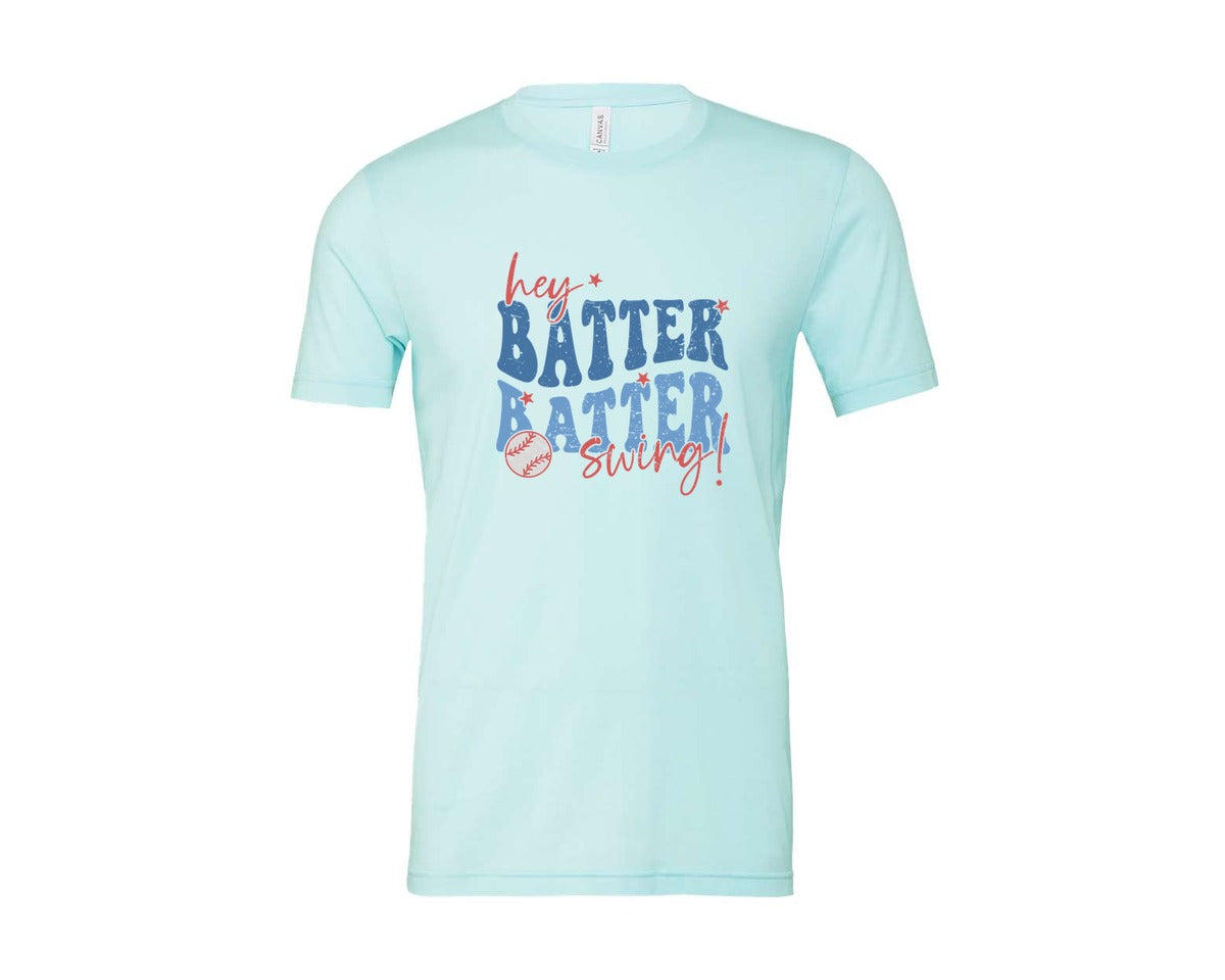 brand:Bella Canvas|color:Heather Ice Blue|Retro Baseball Hey Batter Batter Swing Graphic T-Shirt