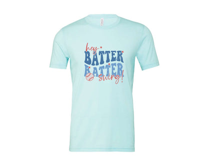brand:Bella Canvas|color:Heather Ice Blue|Retro Baseball Hey Batter Batter Swing Graphic T-Shirt