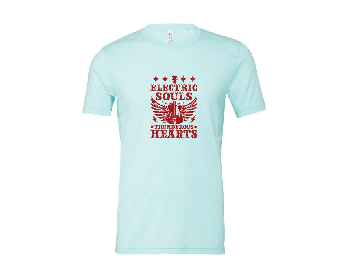 brand:Bella Canvas|color:Heather Ice Blue|Electric Souls Thunderous Hearts Graphic T-Shirt