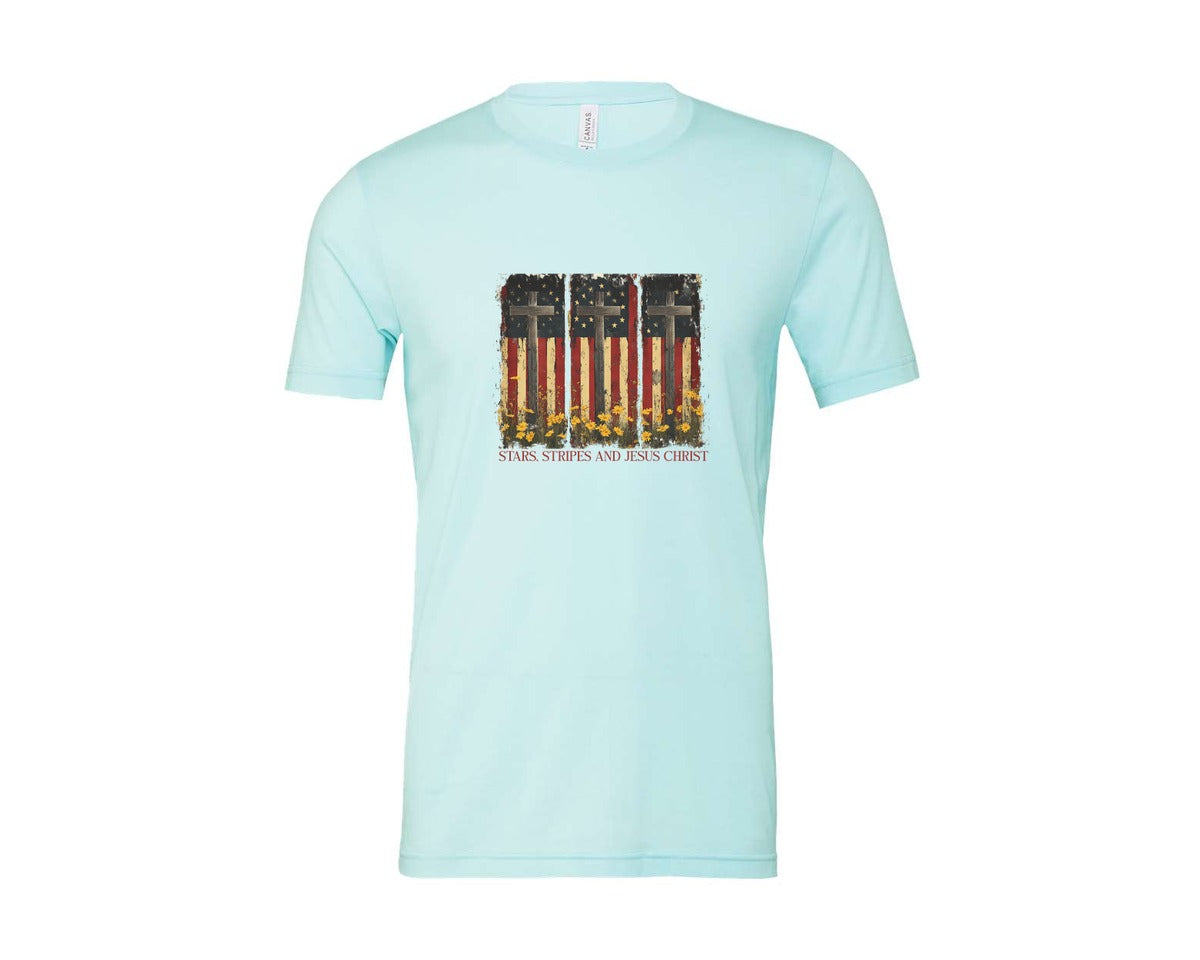 brand:Bella Canvas|color:Heather Ice Blue|Stars And Stripes And Jesus Christ Graphic T-Shirt
