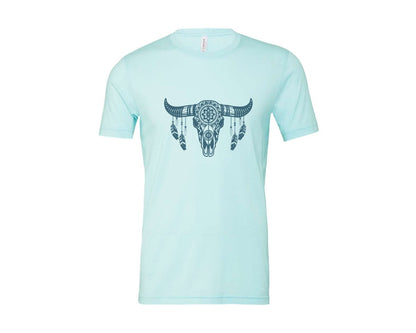 brand:Bella Canvas|color:Heather Ice Blue|Western Bull Skull Aztec Boho Longhorn Graphic T-Shirt