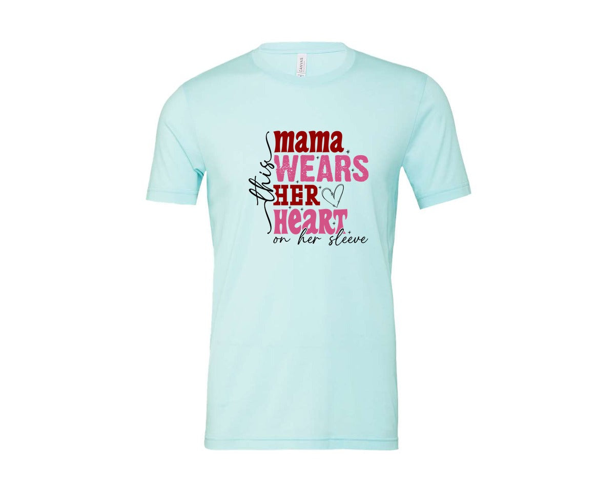 brand:Bella Canvas|color:Heather Ice Blue|This Mama Wears Her Heart On Her Sleeve 84 Graphic T-Shirt
