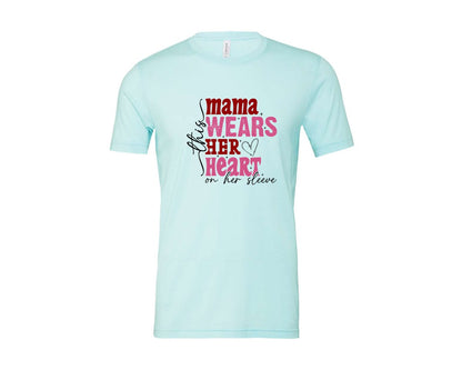 brand:Bella Canvas|color:Heather Ice Blue|This Mama Wears Her Heart On Her Sleeve 84 Graphic T-Shirt