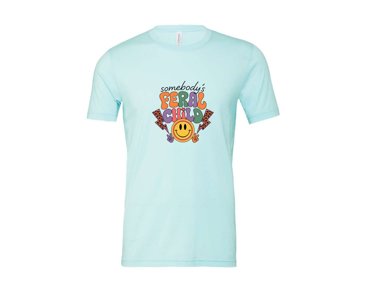 brand:Bella Canvas|color:Heather Ice Blue|Somebodys Feral Child Funny Summer Graphic T-Shirt