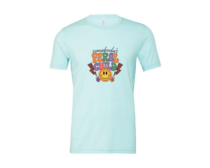 brand:Bella Canvas|color:Heather Ice Blue|Somebodys Feral Child Funny Summer Graphic T-Shirt