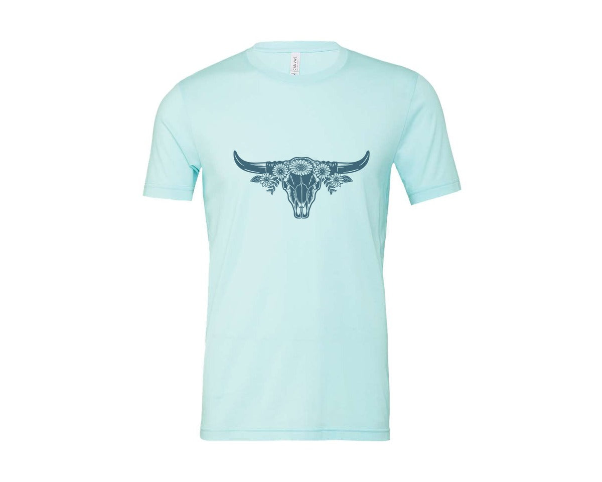 brand:Bella Canvas|color:Heather Ice Blue|Western Bull Skull Longhorn Boho Flowers 4 Graphic T-Shirt