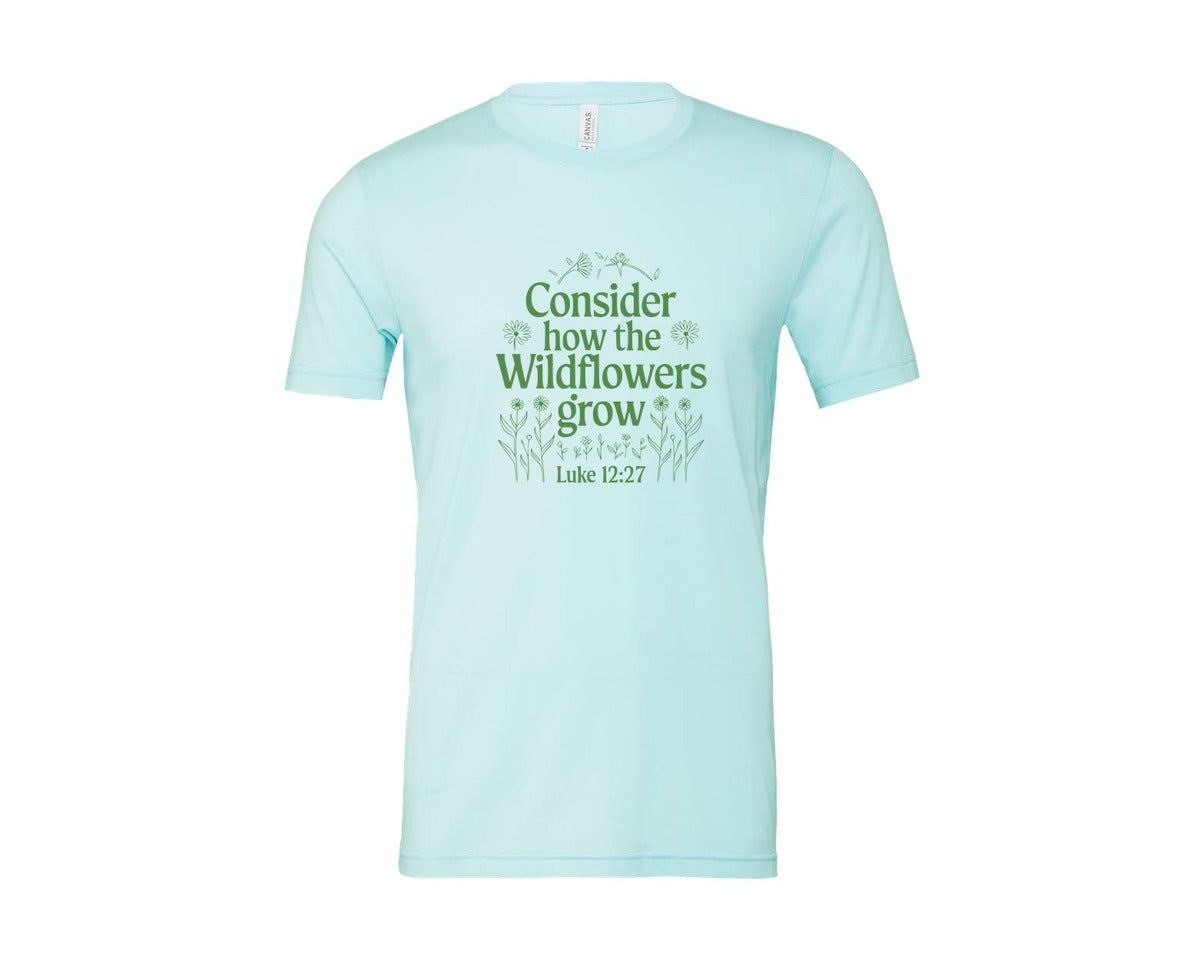 brand:Bella Canvas|color:Heather Ice Blue|Consider How The Wildflowers Grow Luke 1 4 Graphic T-Shirt