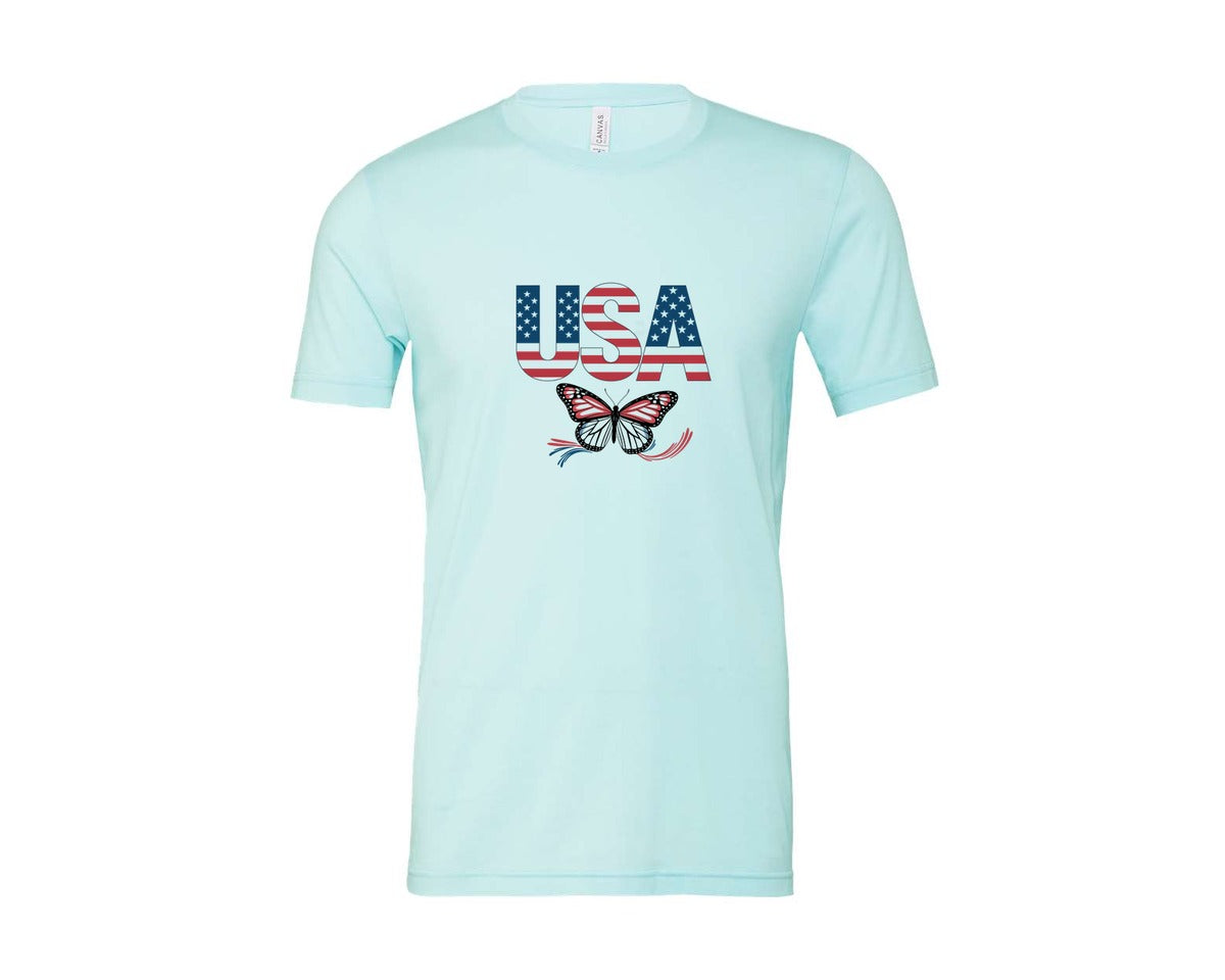brand:Bella Canvas|color:Heather Ice Blue|Usa Butterfly Patriotic Graphic T-Shirt